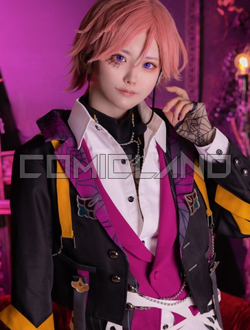 A model wears the Helter-Spider men's polyester suit showing a black jacket with purple and yellow accents, a magenta vest, white shirt, and decorative chains.