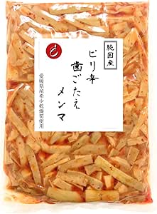 Clear plastic bag of seasoned bamboo shoots with a white label featuring Japanese text.