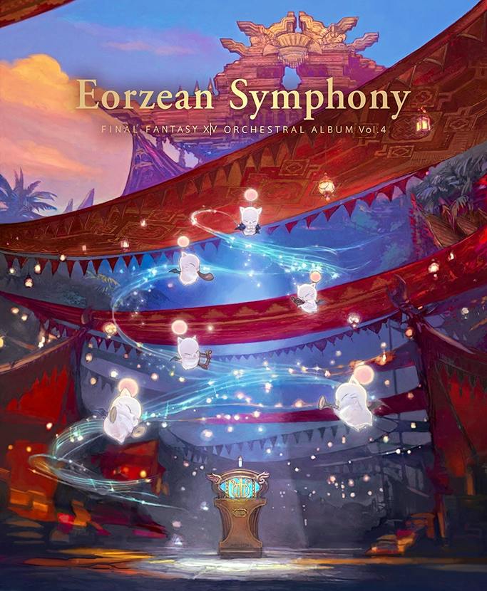 Cover artwork for the Blu-ray of Eorzean Symphony: FINAL FANTASY XIV Orchestral Album Vol. 4, showing the title over a fantasy festival scene with small floating creatures and decorative banners.