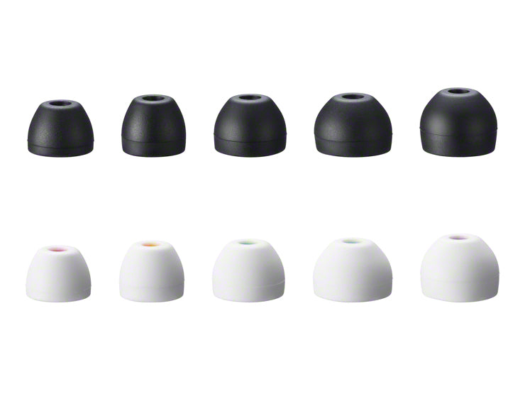Two rows of plastic earbud covers on a white background, five black on top and five white on bottom.