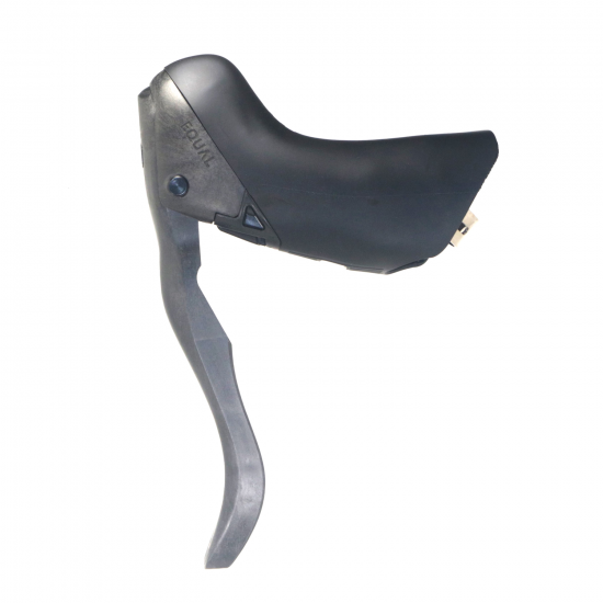 Black drop-bar bicycle control lever photographed on a white background.