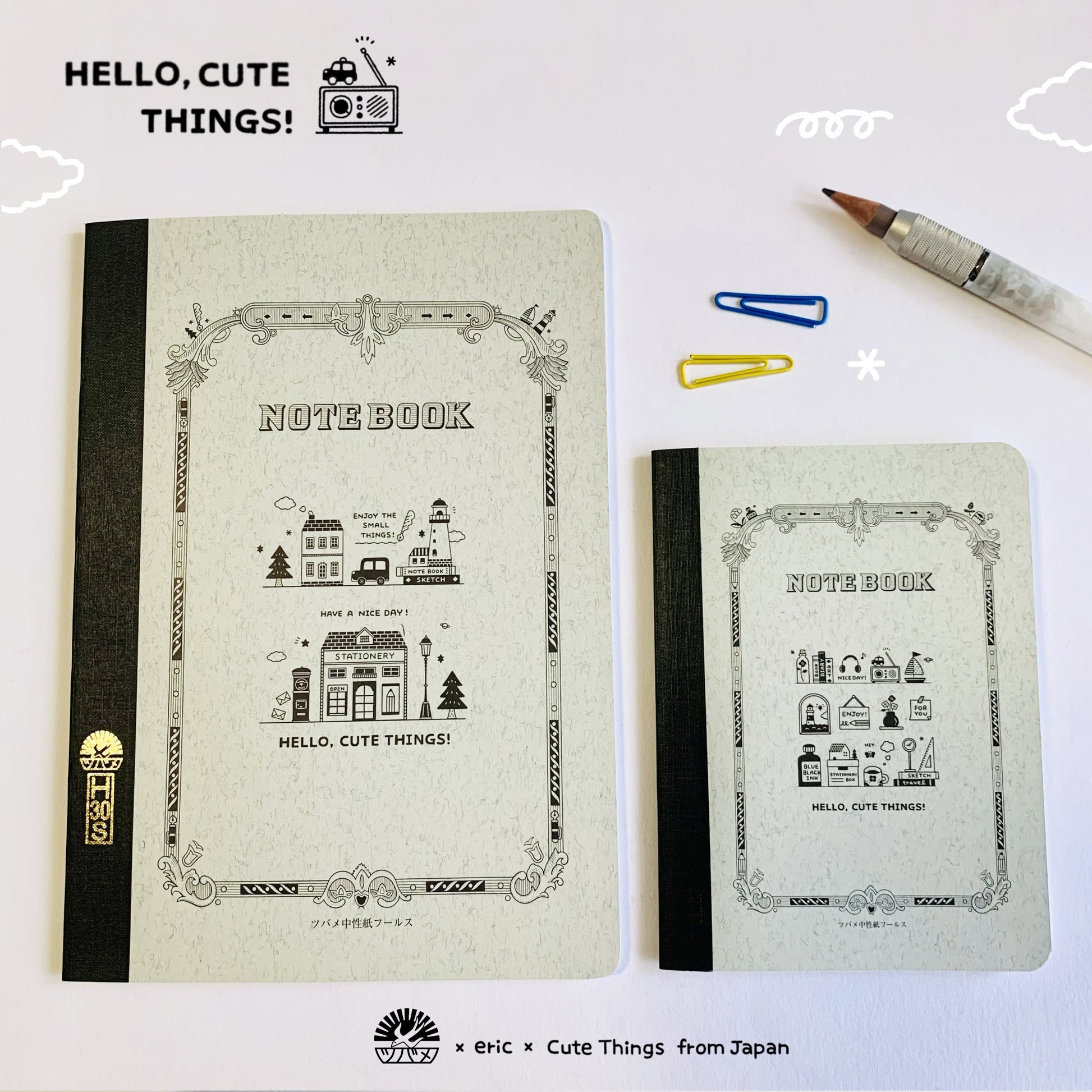 Two eric x CTFJ Tsubame notebooks with decorative "NOTEBOOK" cover art shown alongside a pencil and paper clips.