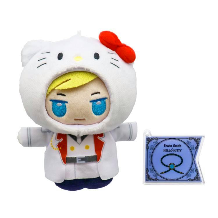 A plush kigurumi mascot of Erwin wearing a Hello Kitty hood, shown with the accompanying flag acrylic key holder beside it.