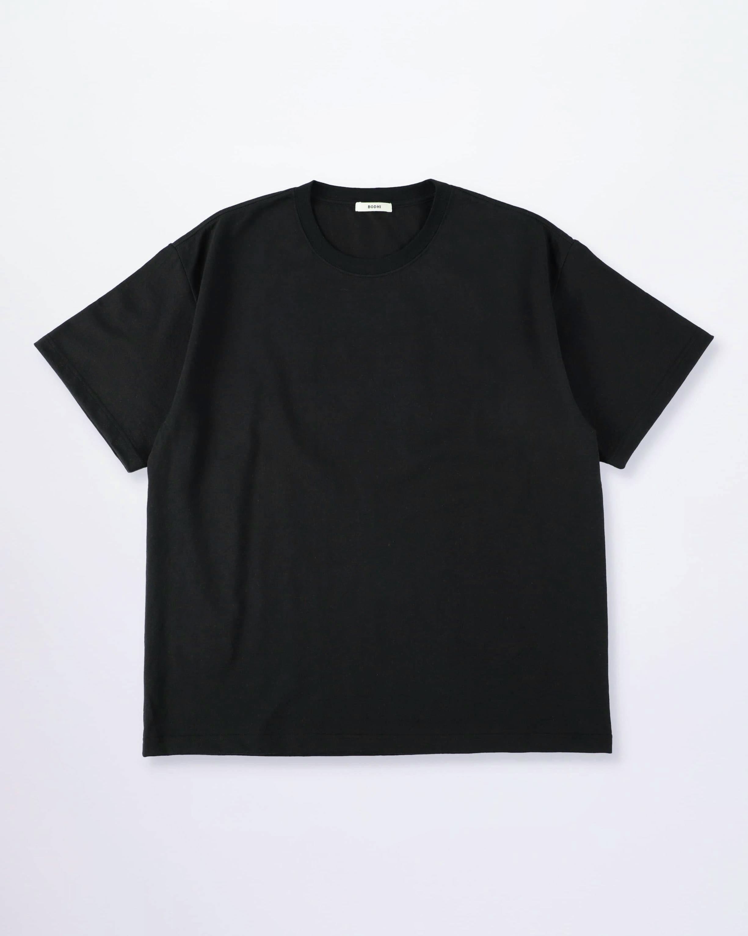 Front view of a black blended-material short-sleeve T-shirt laid flat on a white background showing the neckline and sleeves.
