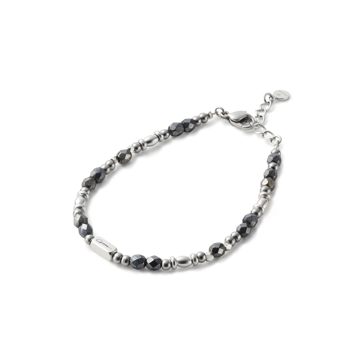 Black pebble and silver bead bracelet with a lobster clasp and short extender chain on a white background.