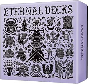 Purple box for the board game ETERNAL DECKS showing the title and black decorative symbols on the front.
