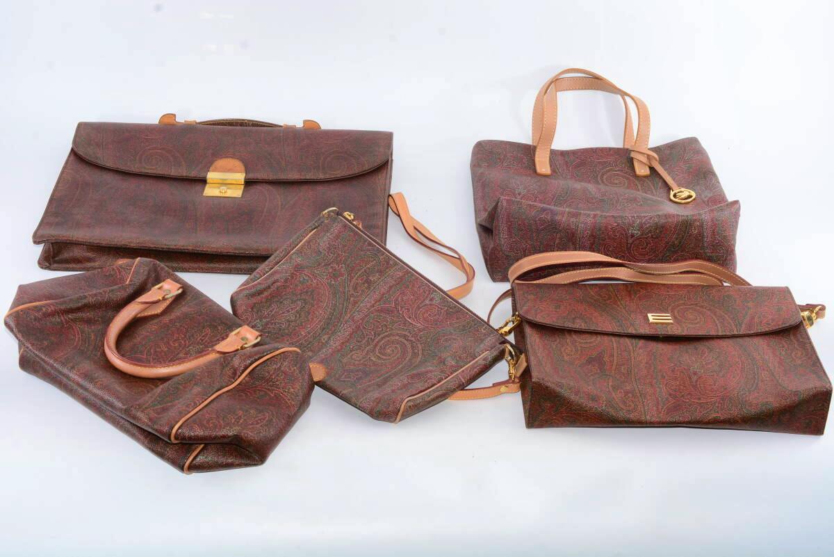 Five ETRO bags (business bag, shoulder bag, mini boston, tote and pouch) displayed on a white background.