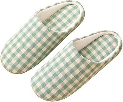 Pair of green-and-white checkered indoor slippers shown from above.