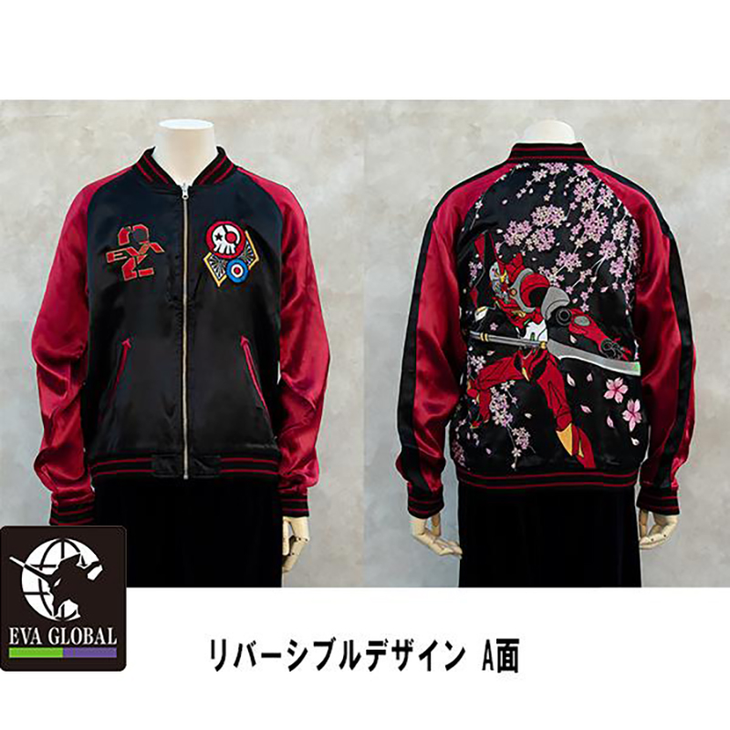Reversible women's rayon sukajan jacket shown front and back on a mannequin, black front with red sleeves and embroidered cherry blossoms and an EVA Unit/Asuka design on the back.