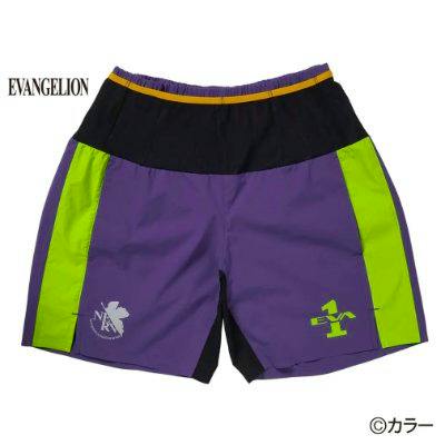 Front view of purple, black, and green Evangelion men's multi-pocket shorts on a white background.