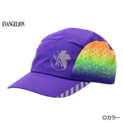 Purple Evangelion-themed polyester baseball cap with rainbow vented side panels and a striped brim.