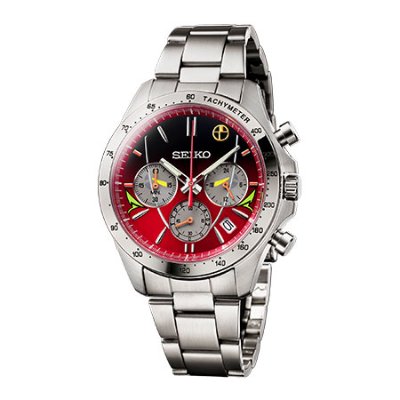 Silver Seiko chronograph wristwatch with a red dial, three subdials, date window, tachymeter bezel, and metal bracelet on a white background.