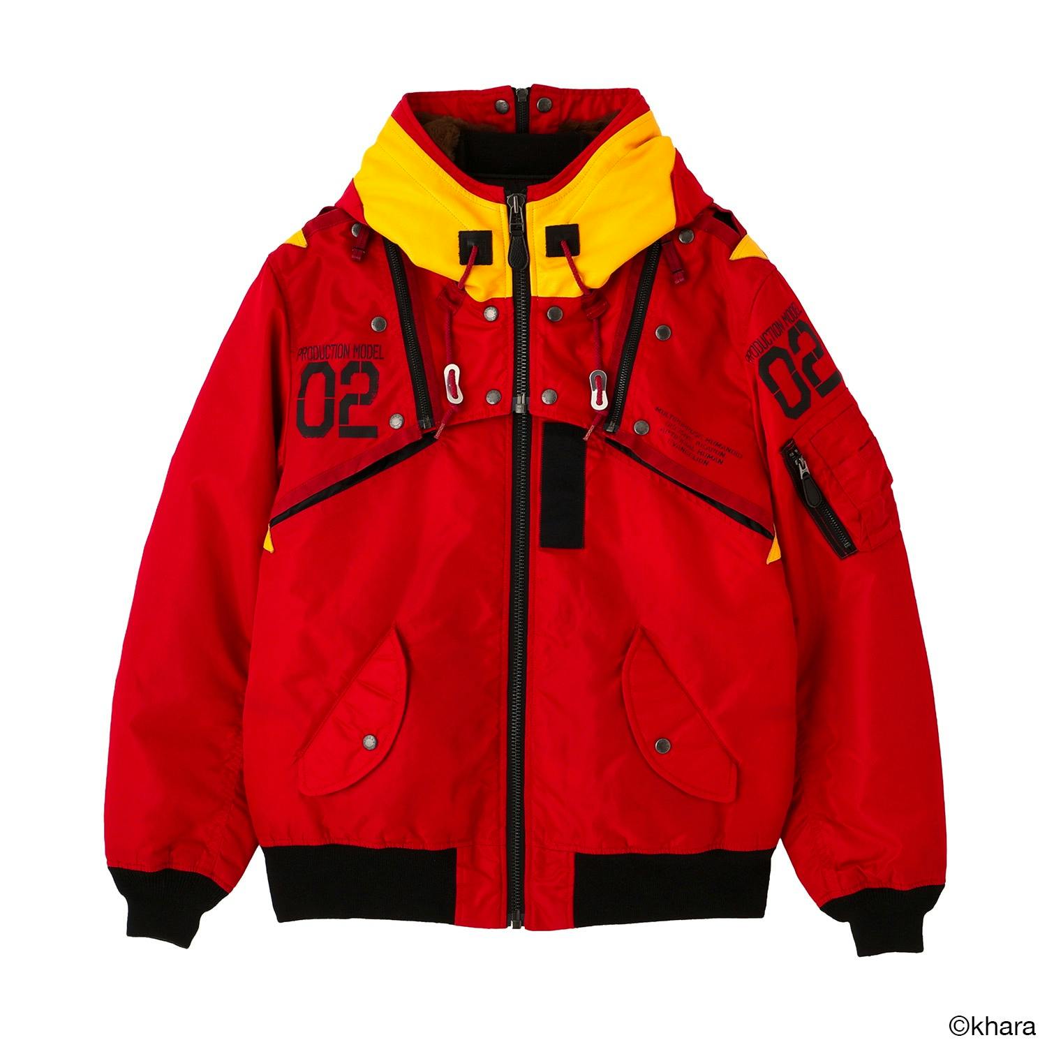 Front view of the red EVANGELION MA-1 REMODEL men's nylon jacket by AVIREX with a yellow collar, front pockets, center zipper, and '02' graphics.