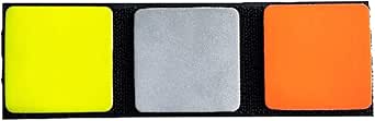 Three rectangular hi‑vis fabric patches (yellow, silver reflective, and orange) displayed on a black backing.