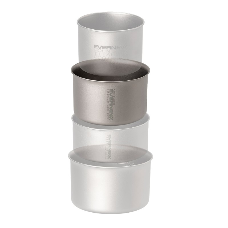 Stacked EVERNEW Apex stainless steel cups shown vertically with the center cup in clear focus.