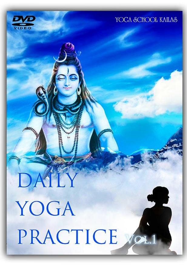 DVD cover showing blue-toned artwork of a meditating figure, a seated silhouette, and the text "DAILY YOGA PRACTICE VOL.1".