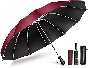 Open folding umbrella with burgundy exterior and black interior shown alongside the folded umbrella and a carrying sleeve.