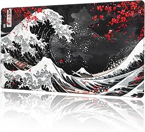 Rectangular black mouse pad showing a stylized tsunami wave and Mt. Fuji design with red blossom accents.