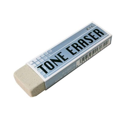 A rectangular eraser in a paper sleeve labeled "TONE ERASER".