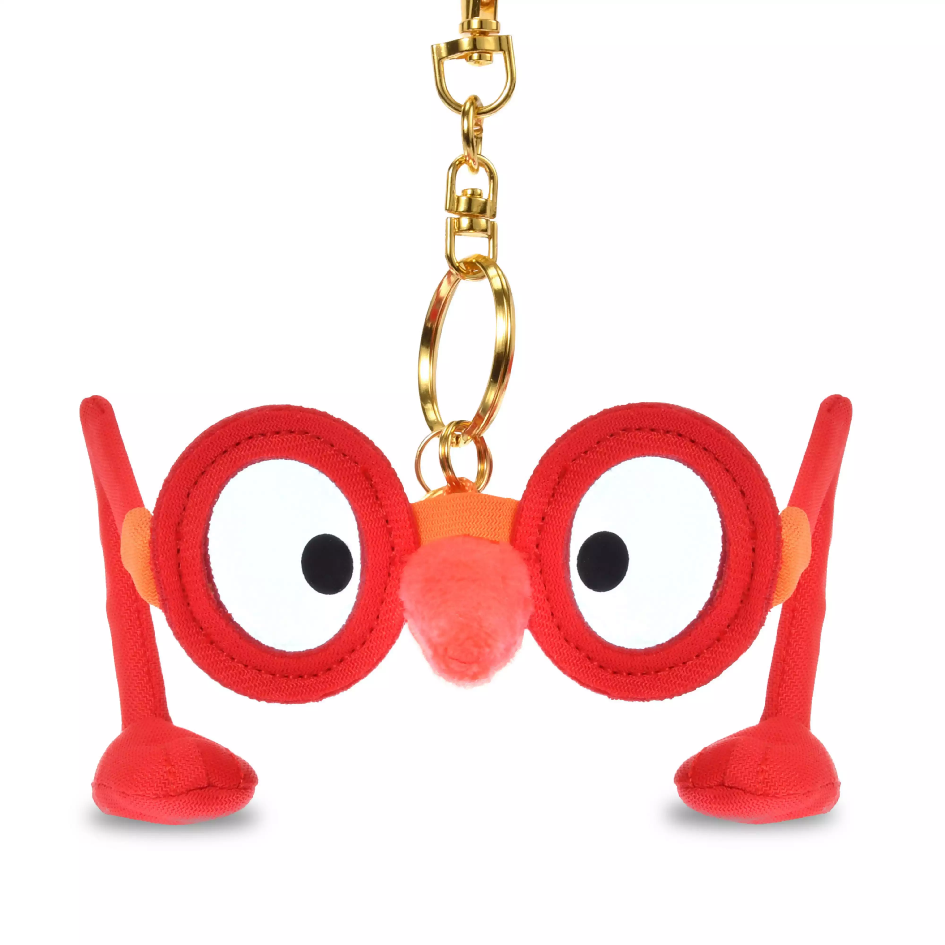 Red eyeglass-bird plush keychain with legs and an attached gold keyring and chain.