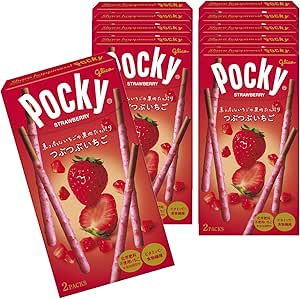 Red boxes of Pokey Crushed Strawberries showing strawberry-coated biscuit sticks and images of strawberries on the packaging.