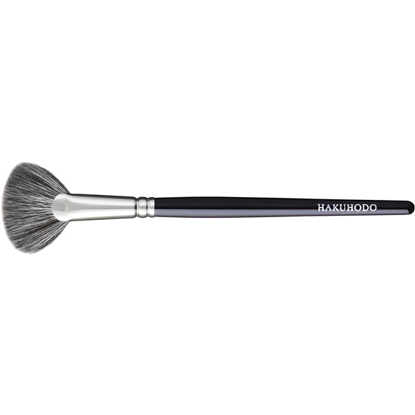 Short fan-shaped makeup brush with a black handle and silver ferrule.