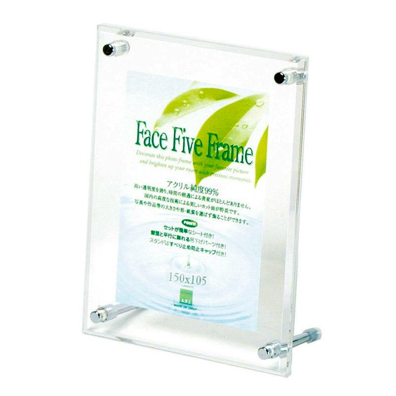 Clear acrylic Face Five photo frame for 105×150 mm postcards shown standing with a sample insert.
