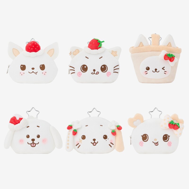 Six polyester face pouches with animal faces and strawberry decorations arranged on a white background.