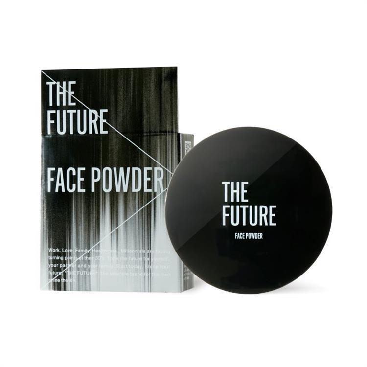 Black round compact labeled "THE FUTURE FACE POWDER" displayed next to its box.