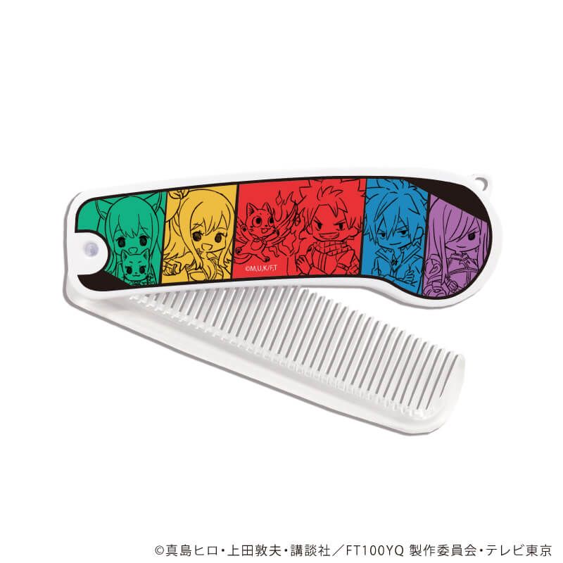 Foldable plastic hair comb showing a multicolored stripe graphic of characters from the TV anime "FAIRY TAIL: 100 Year Quest".