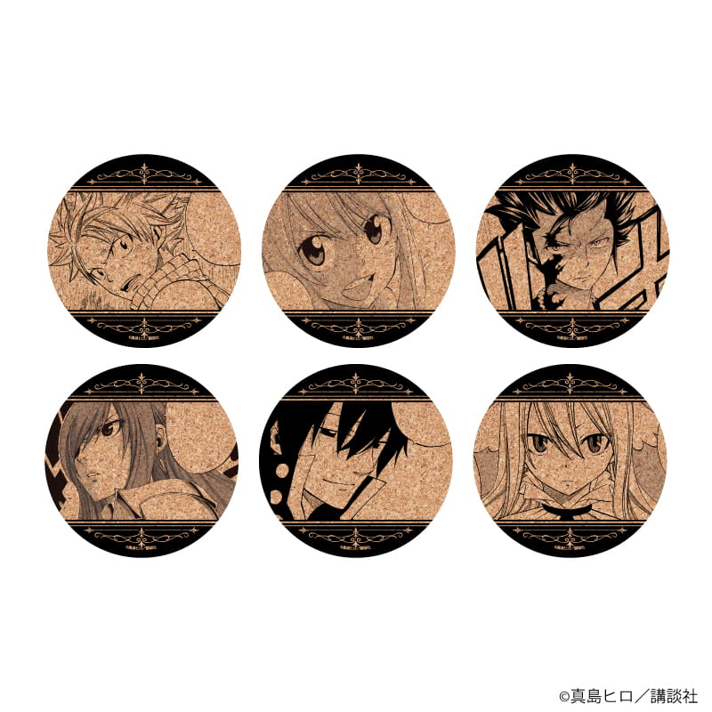 Six round cork coasters featuring monochrome Fairy Tail manga character illustrations arranged in two rows.