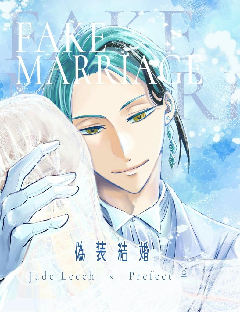 Cover art for the comic "FAKE MARRIAGE" depicting a teal‑haired person in formal clothing gently holding a veiled figure.
