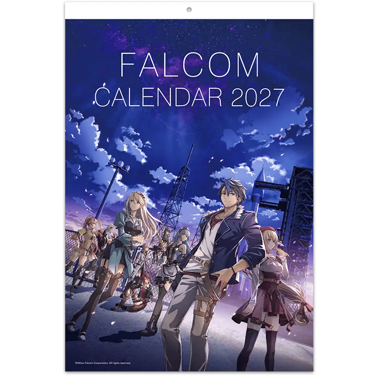 Cover of the Falcom 2027 wall calendar showing illustrated characters under a night sky with the title "FALCOM CALENDAR 2027".