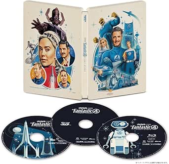 Open steelbook with Fantastic Four cover artwork and the three discs for the 4K UHD + 3D + Blu-ray set displayed.