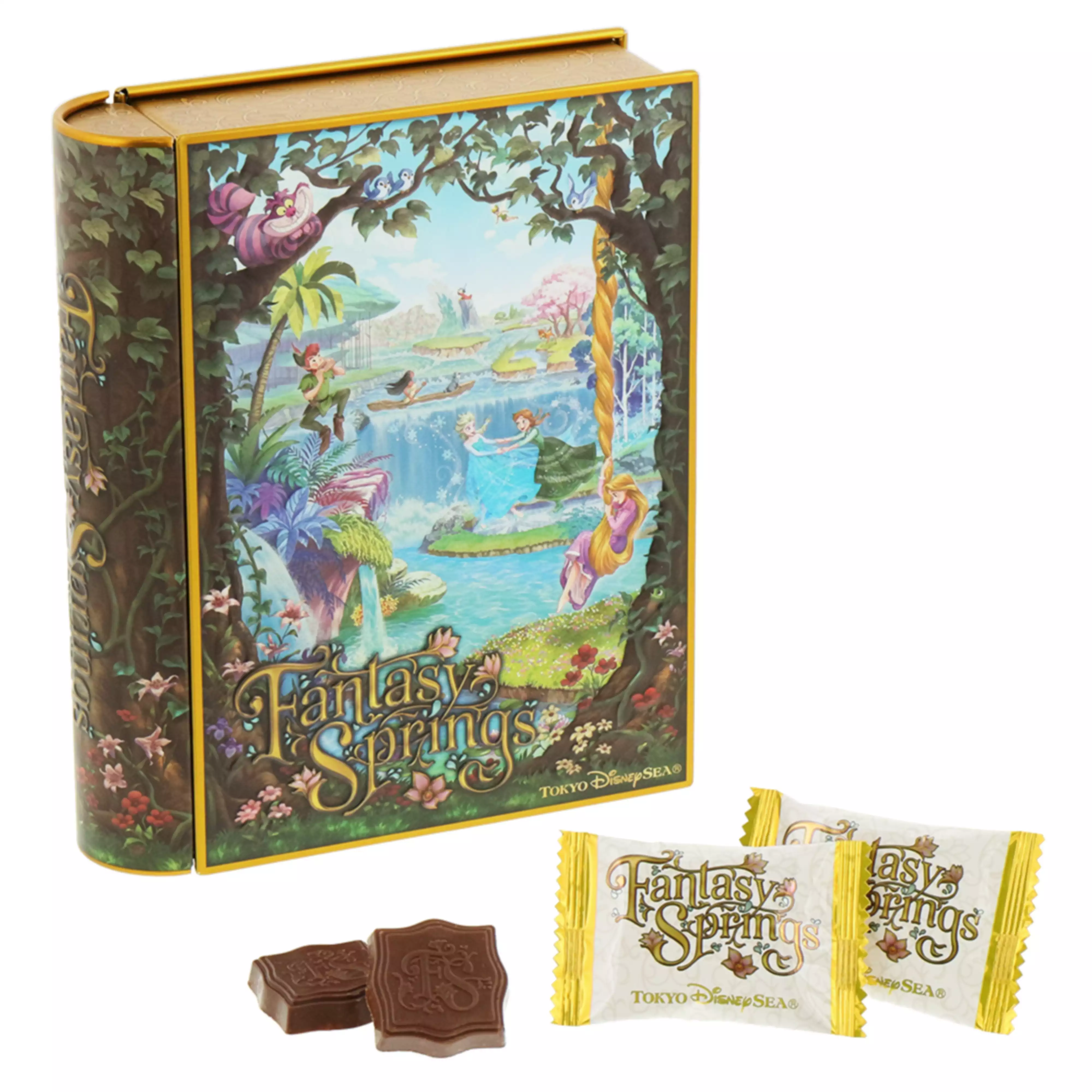 A decorative Fantasy Springs metal tin with individually wrapped filled chocolates and two unwrapped chocolate pieces.