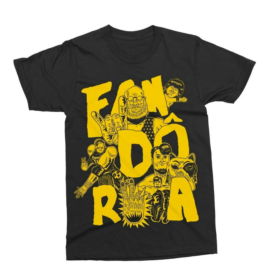 Front view of a black cotton T-shirt showing a large yellow illustrated graphic of stylized letters and character drawings.
