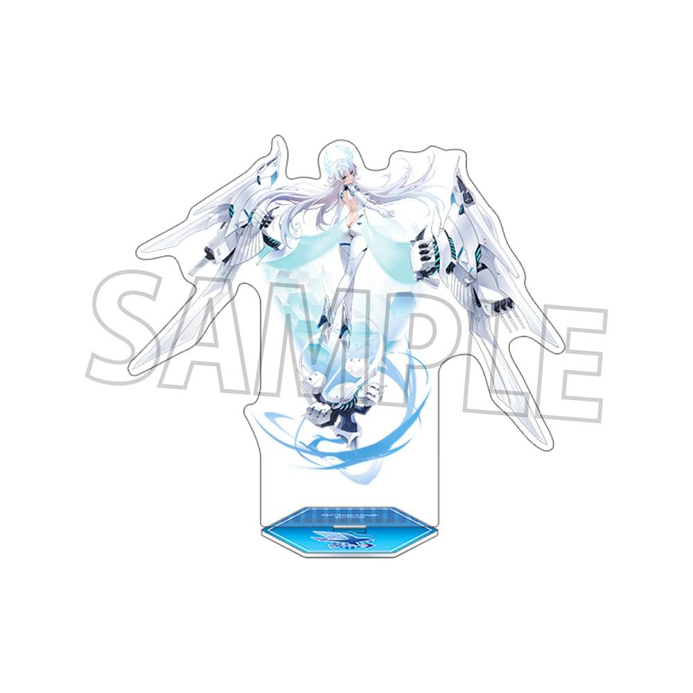 Acrylic stand of "ファーゴ" showing a white-haired character with mechanical wings on a blue base.