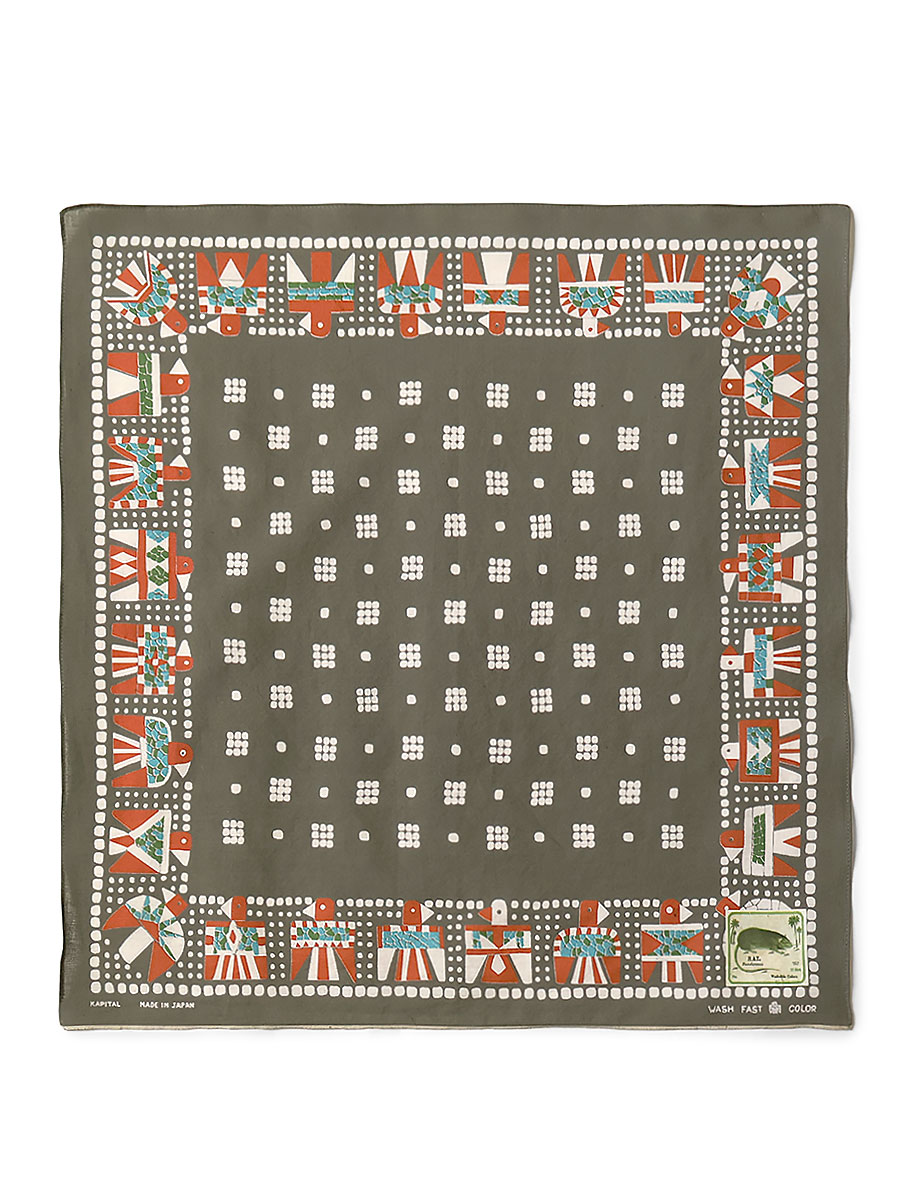 Flat cotton selvedge bandana laid flat showing a central dotted square and geometric border motif on an olive background.