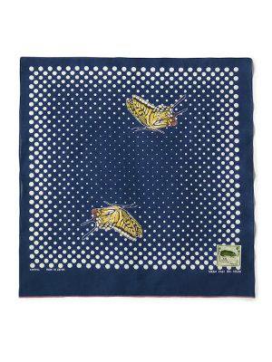 A flat cotton handkerchief (bandana) showing a dark background with white polka dots, two yellow swallowtail butterflies, and a small label in one corner.