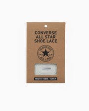 Packaged white shoe lace displayed on a brown cardboard backing with printed text.