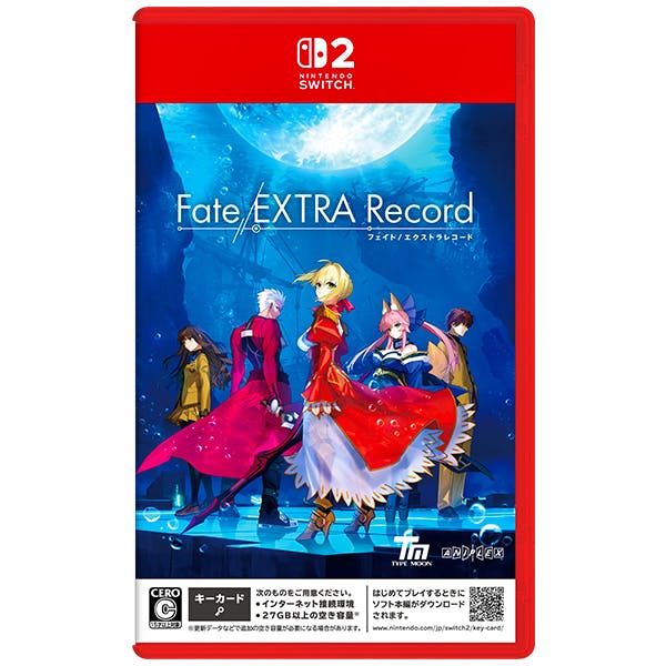 Front cover of the Fate/EXTRA Record Nintendo Switch2 game case showing the game's illustrated character artwork beneath a large moon.