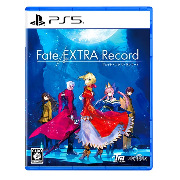 Front cover of the PlayStation 5 game case for Fate/EXTRA Record showing five characters against a blue background.