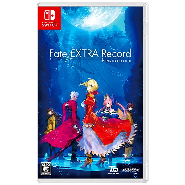Front cover image of the Nintendo Switch game Fate/EXTRA Record showing the game's title, Nintendo Switch logo, and several characters against a blue background.