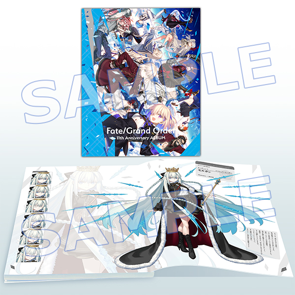 Front cover and an open two-page spread of the Fate/Grand Order 11th Anniversary ALBUM illustration book showing character artwork.