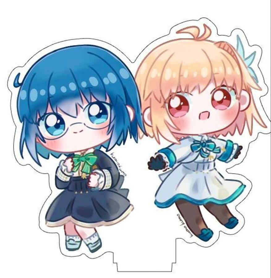 Die-cut chibi-style acrylic stand artwork showing two FGO characters with the base slot visible.