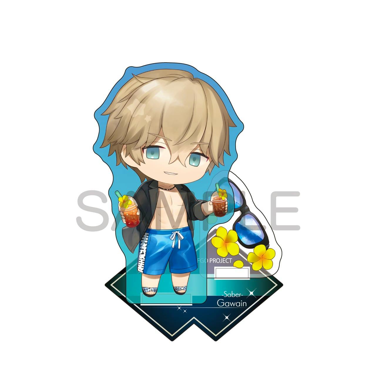 A chibi-style acrylic stand of Saber/Gawain in summer clothes holding two drinks with a decorative base and sunglasses graphic.