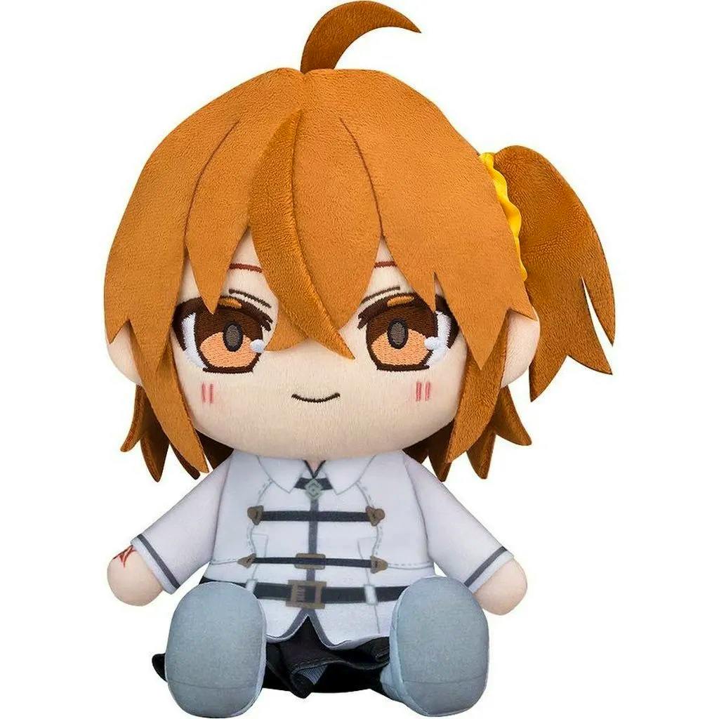 Front view of the female Master/Protagonist Fate/Grand Order chibi plush with orange-brown hair, embroidered eyes, white jacket, and seated pose.