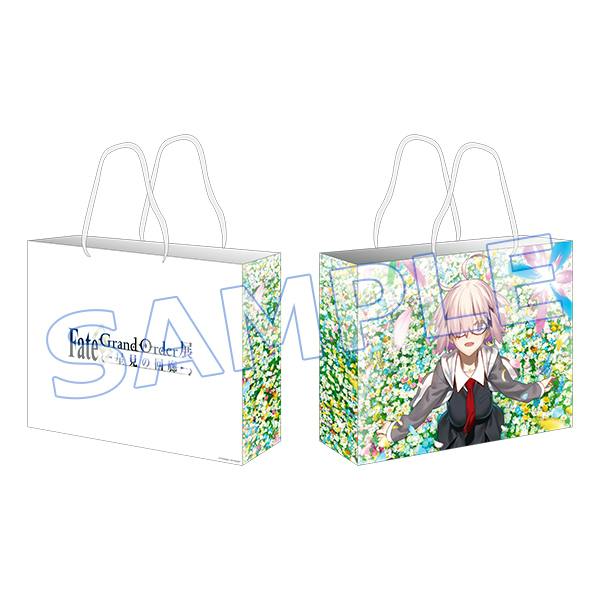 Front and back views of the Fate/Grand Order exhibition paper shopper bag showing a floral design and an anime character illustration.