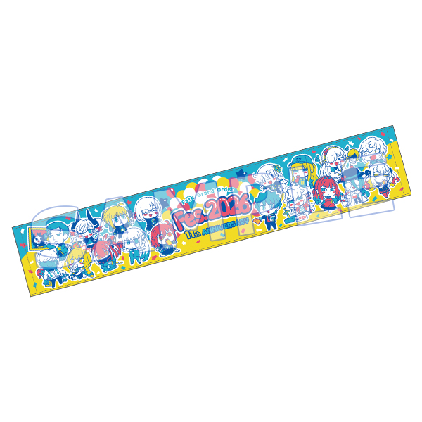 Official FGO Fes. 2026 muffler towel showing chibi Fate/Grand Order characters and a "Fes 2026" logo on a yellow and blue background.