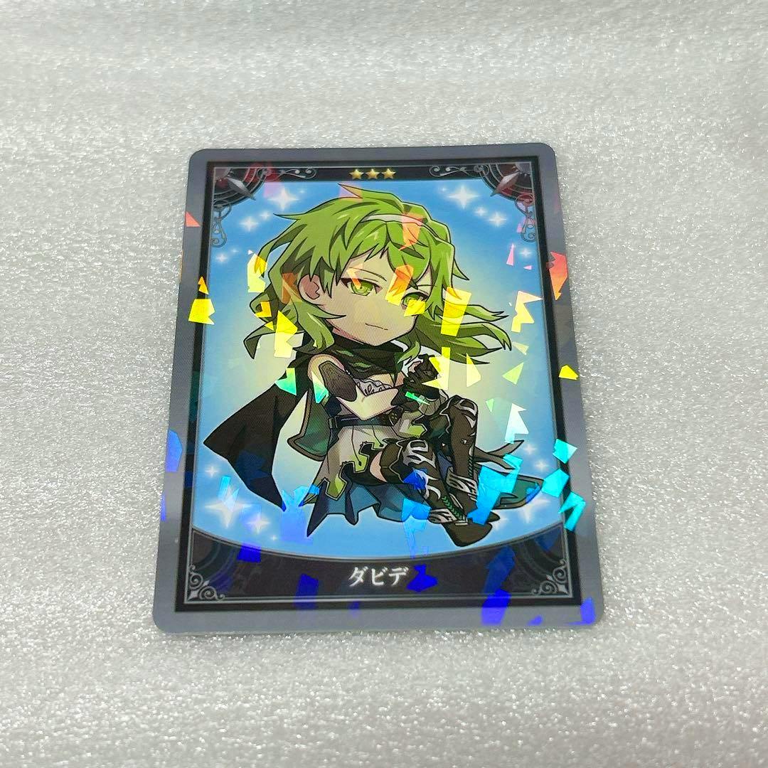 Photocard for FGO (ダビデ) showing a chibi green-haired character with holographic foil on a white textured surface.